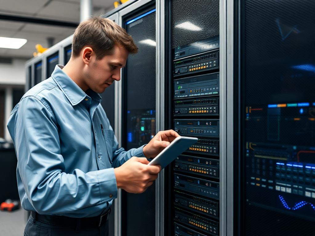 A-technician-with-a-laptop-is-configuring-a-dedicated-server